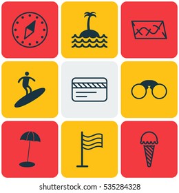 Set Of 9 Tourism Icons. Includes Reef, Boardsports, Cardinal Direction And Other Symbols. Beautiful Design Elements.
