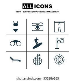 Set Of 9 Tourism Icons. Includes Chaise Longue, Pin, Street And Other Symbols. Beautiful Design Elements.