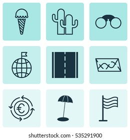 Set Of 9 Tourism Icons. Includes Photo Camera, Coast Parasol, Route And Other Symbols. Beautiful Design Elements.