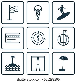 Set Of 9 Tourism Icons. Includes Reef, Bank Card, Boardsports And Other Symbols. Beautiful Design Elements.