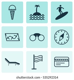 Set Of 9 Tourism Icons. Includes Boardsports, Cardinal Direction, Bank Card And Other Symbols. Beautiful Design Elements.