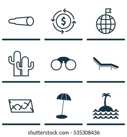 Set Of 9 Tourism Icons. Includes Reef, Chaise Longue, Route And Other Symbols. Beautiful Design Elements.