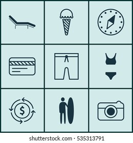 Set Of 9 Tourism Icons. Includes Street, Bank Card, Chaise Longue And Other Symbols. Beautiful Design Elements.