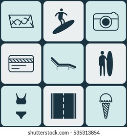 Set Of 9 Tourism Icons. Includes Bathing Costume, Frozen Food, Surf-Board And Other Symbols. Beautiful Design Elements.
