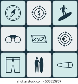Set Of 9 Tourism Icons. Includes Magnifying Glasses, Money Recycle, Pair Of Glasses And Other Symbols. Beautiful Design Elements.