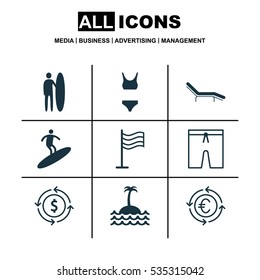 Set Of 9 Tourism Icons. Includes Swimming Clothes, Reef, Currency Recycle And Other Symbols. Beautiful Design Elements.