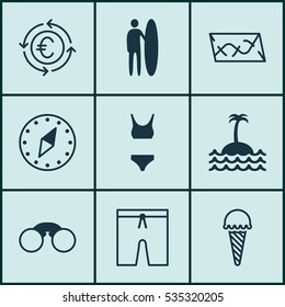 Set Of 9 Tourism Icons. Includes Cardinal Direction, Bathing Costume, Surf-Board And Other Symbols. Beautiful Design Elements.