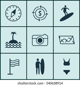 Set Of 9 Tourism Icons. Includes Money Recycle, Street, Reef And Other Symbols. Beautiful Design Elements.