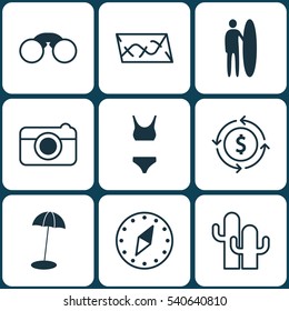 Set Of 9 Tourism Icons. Includes Bathing Costume, Street, Cacti And Other Symbols. Beautiful Design Elements.