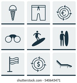 Set Of 9 Tourism Icons. Includes Frozen Food, Money Recycle, Currency Recycle And Other Symbols. Beautiful Design Elements.