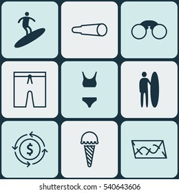 Set Of 9 Tourism Icons. Includes Frozen Food, Magnifying Glasses, Bathing Costume And Other Symbols. Beautiful Design Elements.