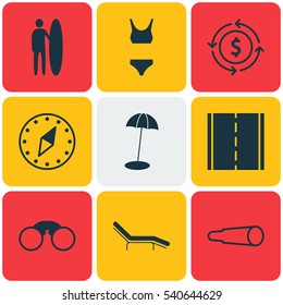 Set Of 9 Tourism Icons. Includes Cardinal Direction, Surf-Board, Magnifying Glasses And Other Symbols. Beautiful Design Elements.