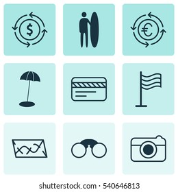 Set Of 9 Tourism Icons. Includes Pair Of Glasses, Money Recycle, Route And Other Symbols. Beautiful Design Elements.