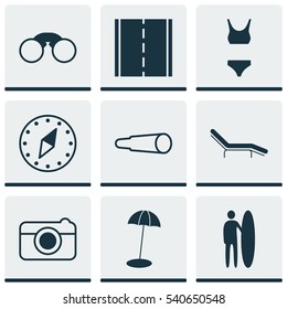 Set Of 9 Tourism Icons. Includes Surf-Board, Pair Of Glasses, Photo Camera And Other Symbols. Beautiful Design Elements.