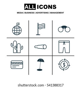 Set Of 9 Tourism Icons. Includes Money Recycle, Travel Direction, Bank Card And Other Symbols. Beautiful Design Elements.