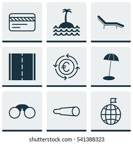 Set Of 9 Tourism Icons. Includes Coast Parasol, Currency Recycle, Photo Camera And Other Symbols. Beautiful Design Elements.