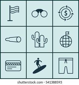 Set Of 9 Tourism Icons. Includes Pair Of Glasses, Cacti, Travel Direction And Other Symbols. Beautiful Design Elements.