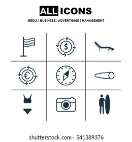 Set Of 9 Tourism Icons. Includes Street, Currency Recycle, Pin And Other Symbols. Beautiful Design Elements.