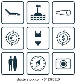 Set Of 9 Tourism Icons. Includes Money Recycle, Reef, Bathing Costume And Other Symbols. Beautiful Design Elements.