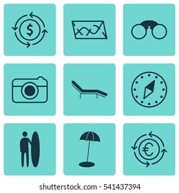 Set Of 9 Tourism Icons. Includes Chaise Longue, Surf-Board, Currency Recycle And Other Symbols. Beautiful Design Elements.