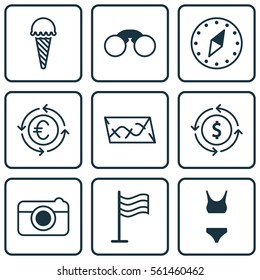 Set Of 9 Tourism Icons. Includes Bathing Costume, Route, Pin And Other Symbols. Beautiful Design Elements.