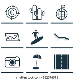 Set Of 9 Tourism Icons. Includes Photo Camera, Route, Coast Parasol And Other Symbols. Beautiful Design Elements.