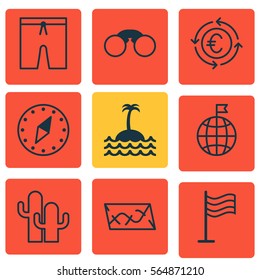Set Of 9 Tourism Icons. Includes Currency Recycle, Reef, Cardinal Direction And Other Symbols. Beautiful Design Elements.
