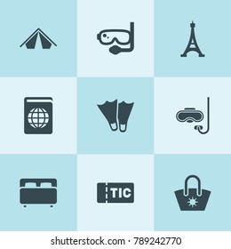 Set of 9 tourist filled icons such as diving mask, tent, scuba, flippers, passport, ticket, bed, eiffel tower