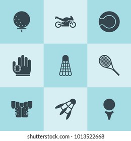 Set of 9 tournament filled icons such as golf ball, tennis, tennis ball, american football jacket, baseball glove and ball, shuttlecock