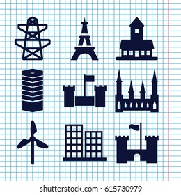 Set of 9 tower filled icons such as business centre, castle, business center, Eiffel Tower, pylon