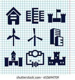 Set of 9 tower filled icons such as mill, building, castle