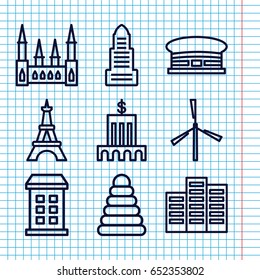 Set of 9 tower outline icons such as mill, building, castle, business center, airport, eiffel tower, pyramid