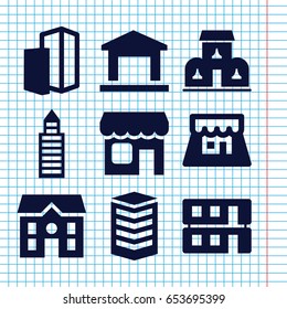 Set of 9 town filled icons such as building, house, house building