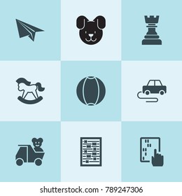 Set of 9 toy filled icons such as abacus, dog, ball, horse toy, teddy bear in truck, car toy, paper plane
