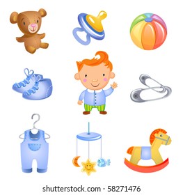 Set of 9 toys and accessories for baby boy.