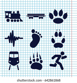 Set of 9 track filled icons such as animal paw, train, foot print, cargo wagon, locomotive, music equalizer, running