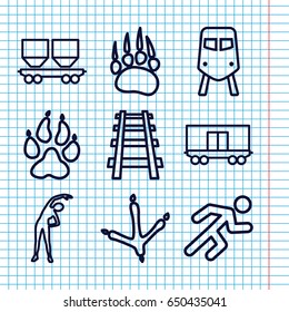 Set of 9 track outline icons such as train, animal paw, footprint of  icobird, exercising, cargo wagon, railway