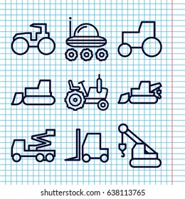 Set of 9 tractor outline icons such as tractor, excavator