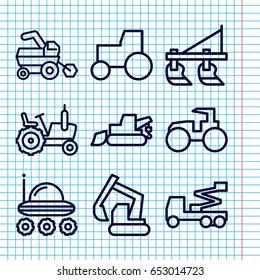 Set of 9 tractor outline icons such as tractor, excavator