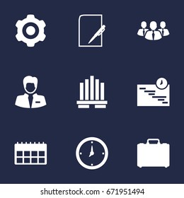 Set Of 9 Trade Icons Set.Collection Of Building, Worker, Suitcase And Other Elements.