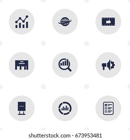 Set Of 9 Trade Icons Set.Collection Of Market, World, Loudspeaker And Other Elements.
