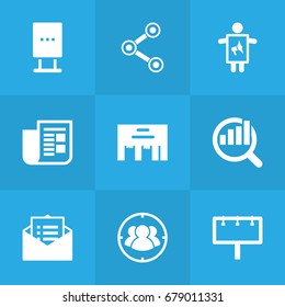 Set Of 9 Trade Icons Set.Collection Of Journal, Market, Message And Other Elements.
