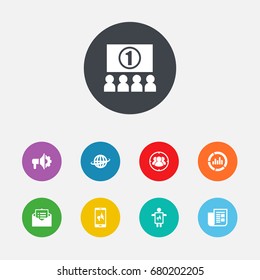 Set Of 9 Trade Icons Set.Collection Of Loudspeaker, Journal, Message And Other Elements.