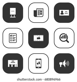 Set Of 9 Trade Icons Set.Collection Of Billboard, Journal, Customer Summary And Other Elements.