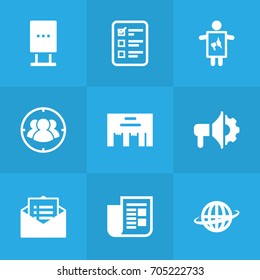 Set Of 9 Trade Icons Set.Collection Of Journal, Billboard, Message And Other Elements.