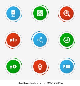 Set Of 9 Trade Icons Set.Collection Of Monitoring, Loudspeaker, Share And Other Elements.