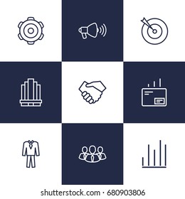 Set Of 9 Trade Outline Icons Set.Collection Of Chart, Suit, Target And Other Elements.