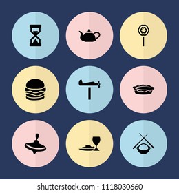 Set of 9 traditional filled icons such as whirligig, pie, asian food, hourglass, teapot, cheeseburger, pasta and wine glass, lollipop