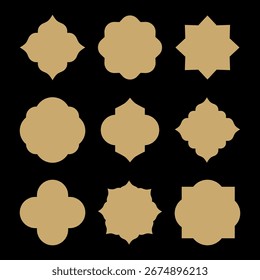 Conjunto de 9 formas ornamentais geométricas islâmicas tradicionais perfeitas para projetos de design decorativo. Estes elegantes elementos vetoriais apresentam padrões clássicos do Oriente Médio