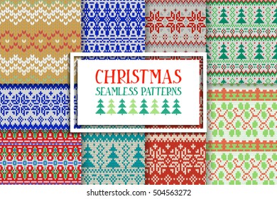 Set of 9 traditional knitted Christmas patterns. fashion style pattern background with tribal shape elements. Vector illustration. All patterns are seamless. They are placed in the mask.